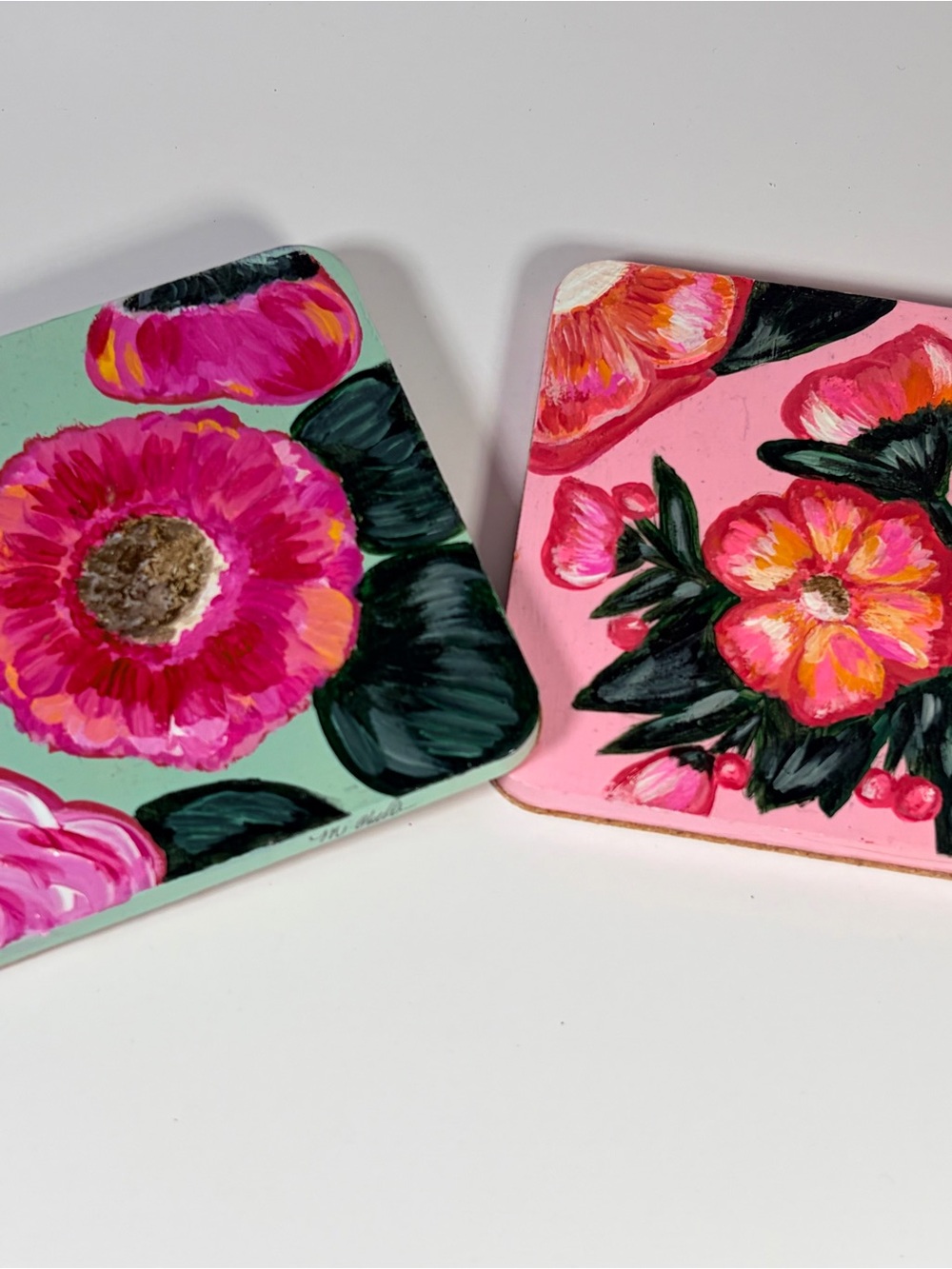 Hand-Painted Floral Coasters in Pink and Minty